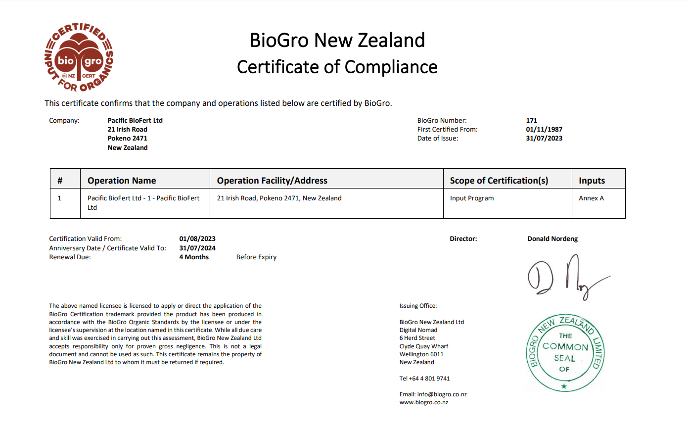Pacific BioFert BioGro certificate